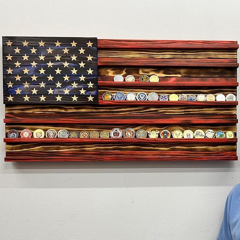 Amerikanische Flagge Challenge Coin Display Holz Münzständer Regal zur Wandmontage Hänge Dekoration Münzhalter Regal Münzdisplay