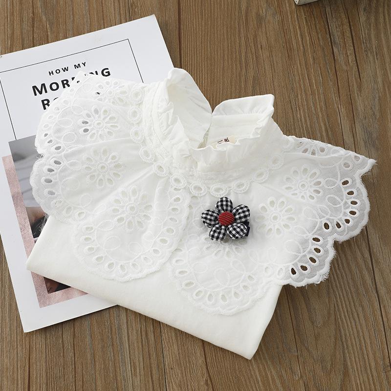 Girls' Spring/Fall Collared Shirt, Larger Sizes, Lace-Trimmed Top