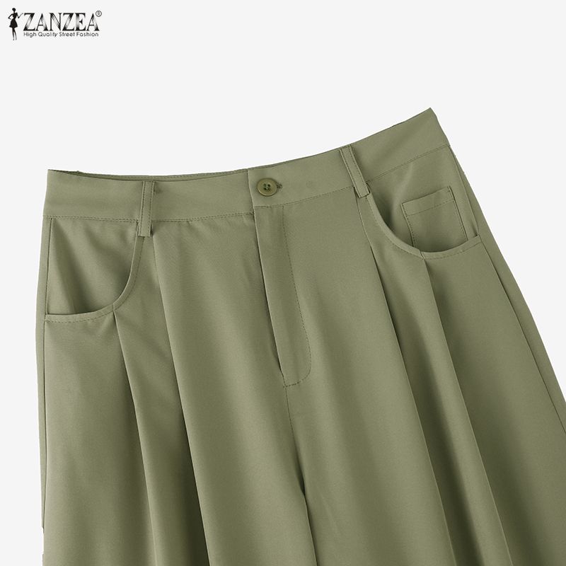 ZANZEA Women High Zip-up Waist Casual Casual Office Wide Leg Pants Trousers Nonelastic