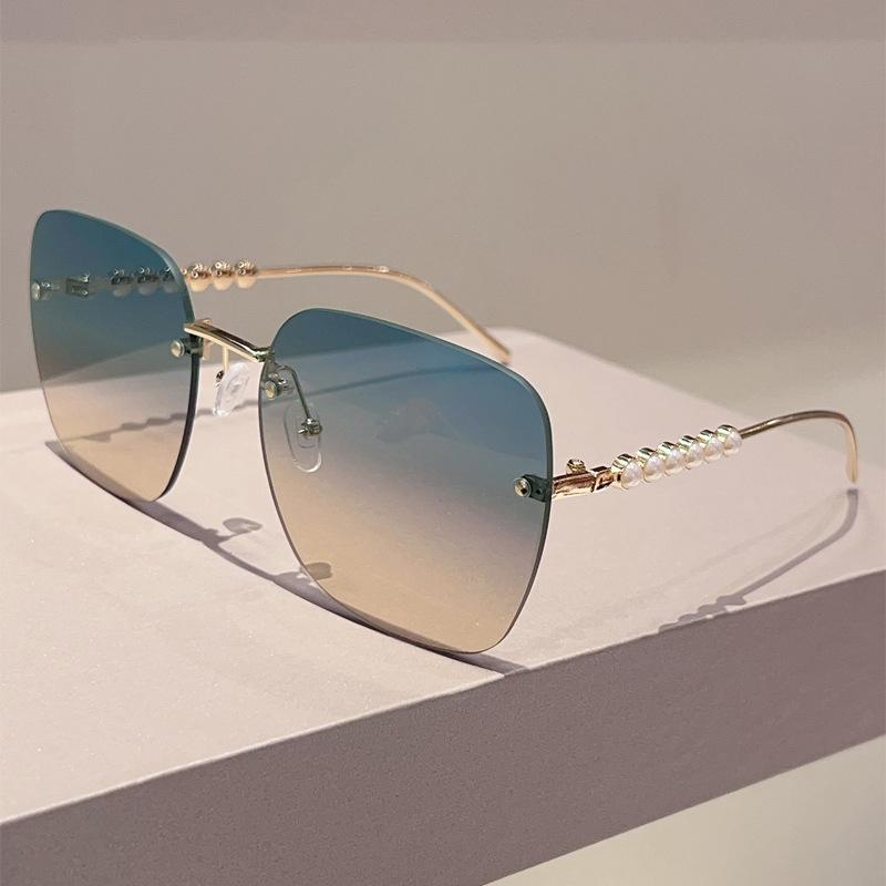 Vintage Rimless Oversized Square Sunglasses Women For Men Luxury Brand Designer Sun Glasses Punk Popular Pearl Metal Shades