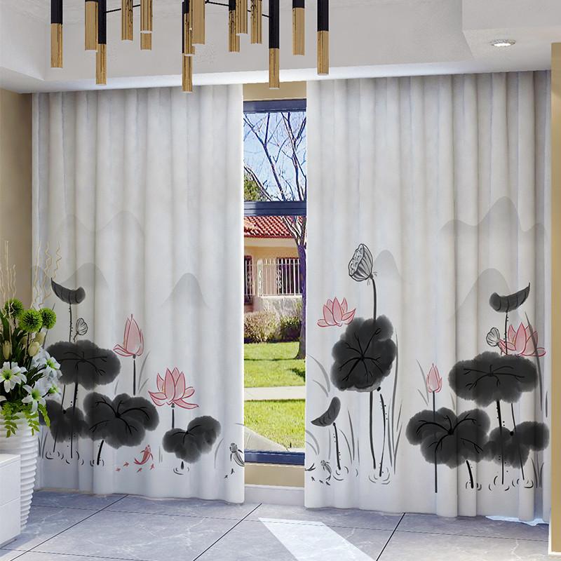 2PCS New Chinese Flower and Bird Print Semi-blackout Curtain Custom Hook Grommet Top Model Living Room Bedroom Window Curtain