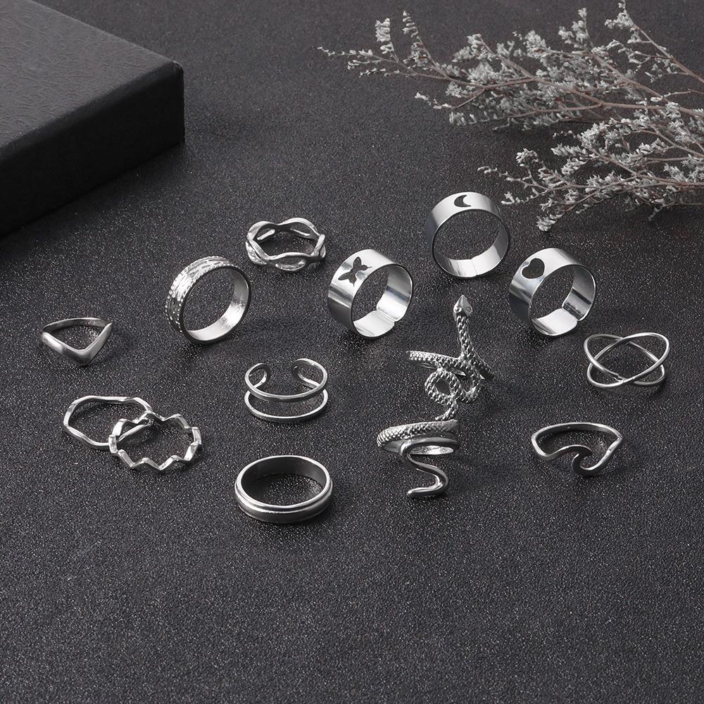 Butterfly Ring Fashion Personality Animal Snake Hollow Love Moon Cross 14-Piece Ring Female