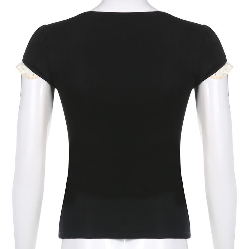 Damen Street Fashion Style Winter Clashing Colour Splicing Spitze Quadratische Halskrause Frisches süßes Top