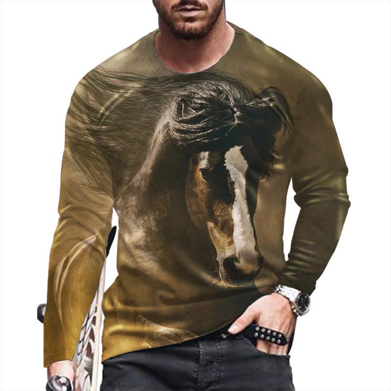 Spring and Autumn Round Neck Horse 3D Printed Top Fashionable Casual Long Sleeved Men's T-shirts