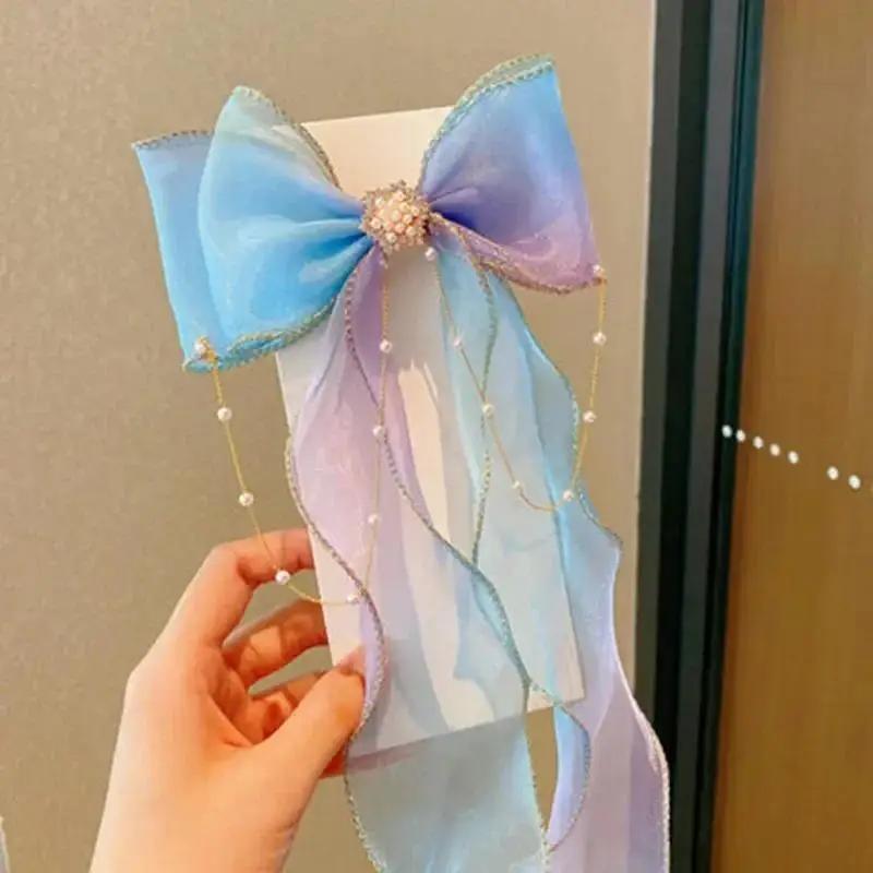 Fashion Hair Accessories New Girls Cute Pearl Colorful Chiffon Bow Ribbon Hairpins Children Sweet Hair Clips For Girls