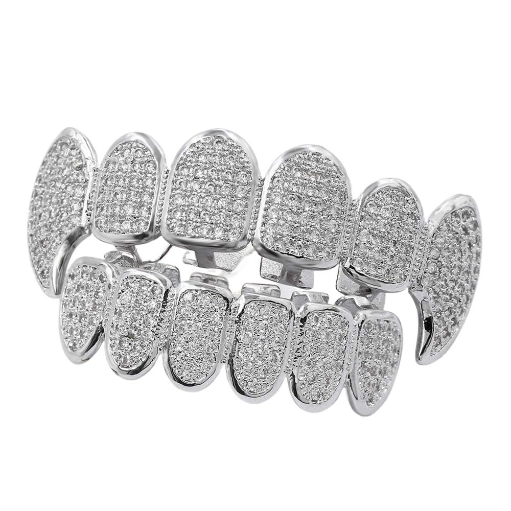 Hop Inset Zircon Teeth Fangs Brass Grillz Top Bottom As Body Jewelry