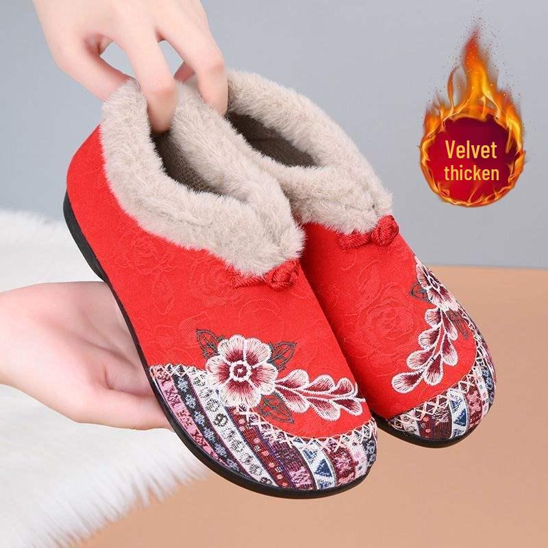 Women's Fleece-Lined Embroidered Cotton Shoes - Warm, Non-Slip, Ethnic Style for Middle-Aged and Elderly