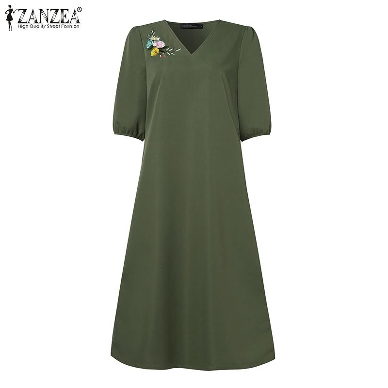 ZANZEA Vestido casual con bordado floral y manga corta con cuello en V para mujer