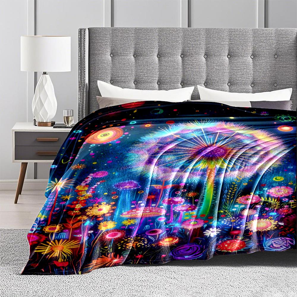Colorful Dandelion and Flower Pattern Blanket with Starry Design Blanket, Suitable for Use In the Bedroom, Living Room, On the Sofa