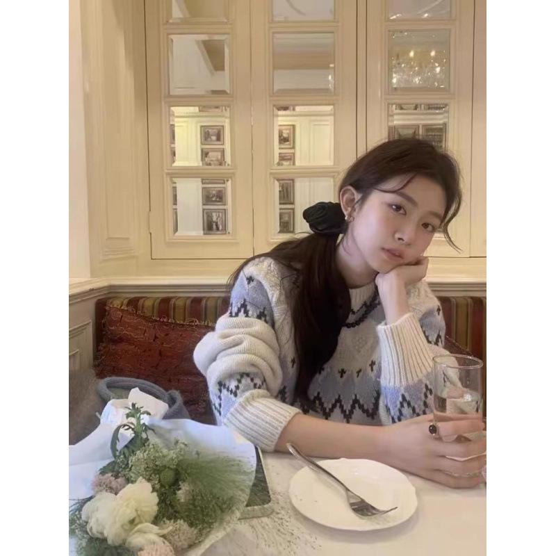 Women's Retro Color Block Jacquard Sweater - Autumn/Winter 2023 Soft Cable Knit Long Sleeve Top