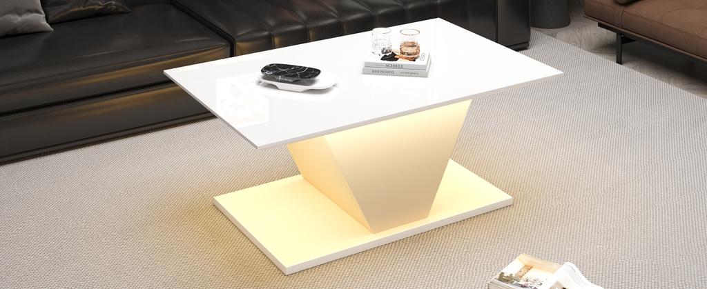 100*50*46cm Coffee Table Special Shape with LED Lights, High-Gloss Living Room Table, Sofa Table, Side Table, for Small Rooms, White, V-Shape