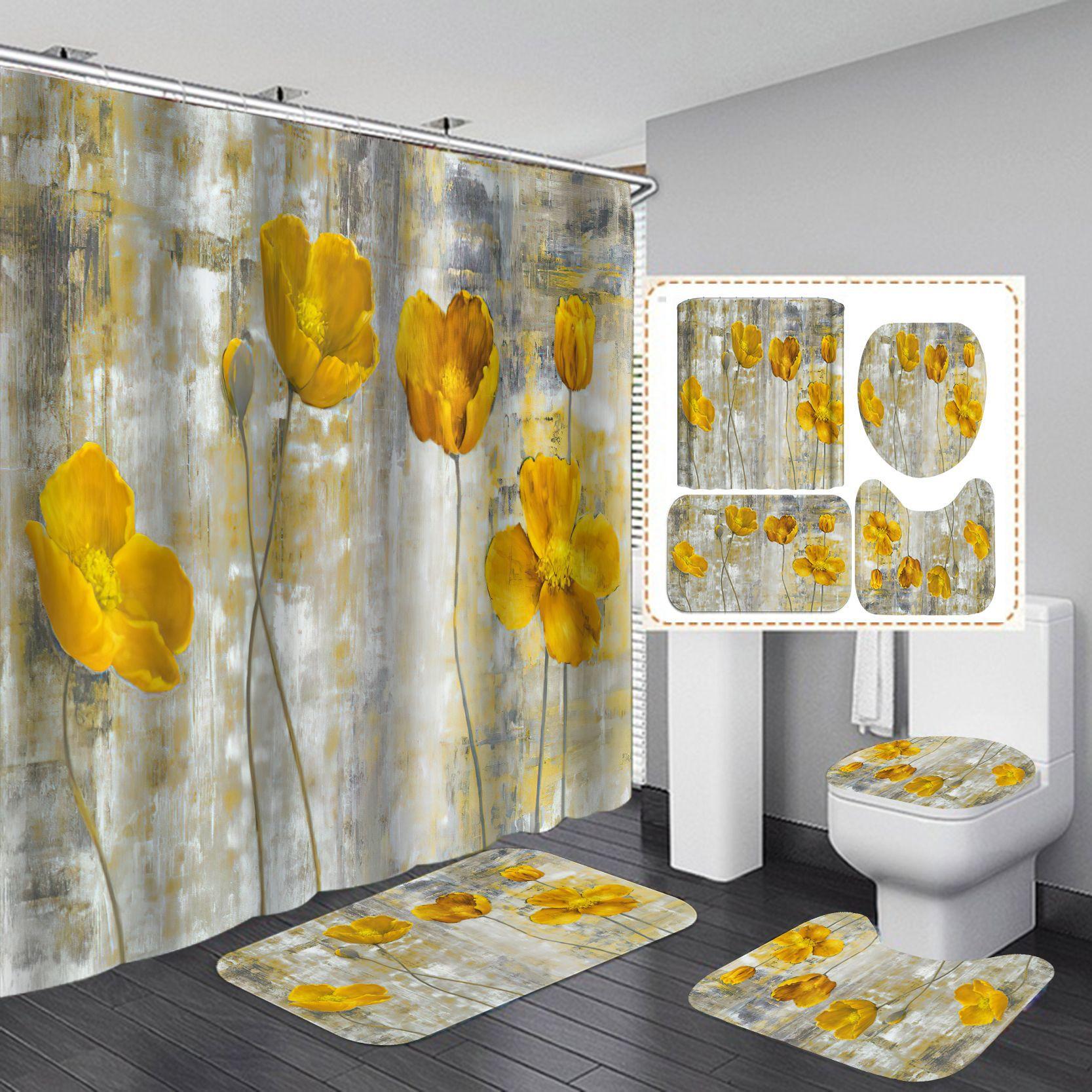 

4Pcs Flower Series Набори завіс для душу для ванної кімнати Нековзкі килимки для ванної кімнати Кришка для унітазу Килимок для ванної кімнати 4Pcs