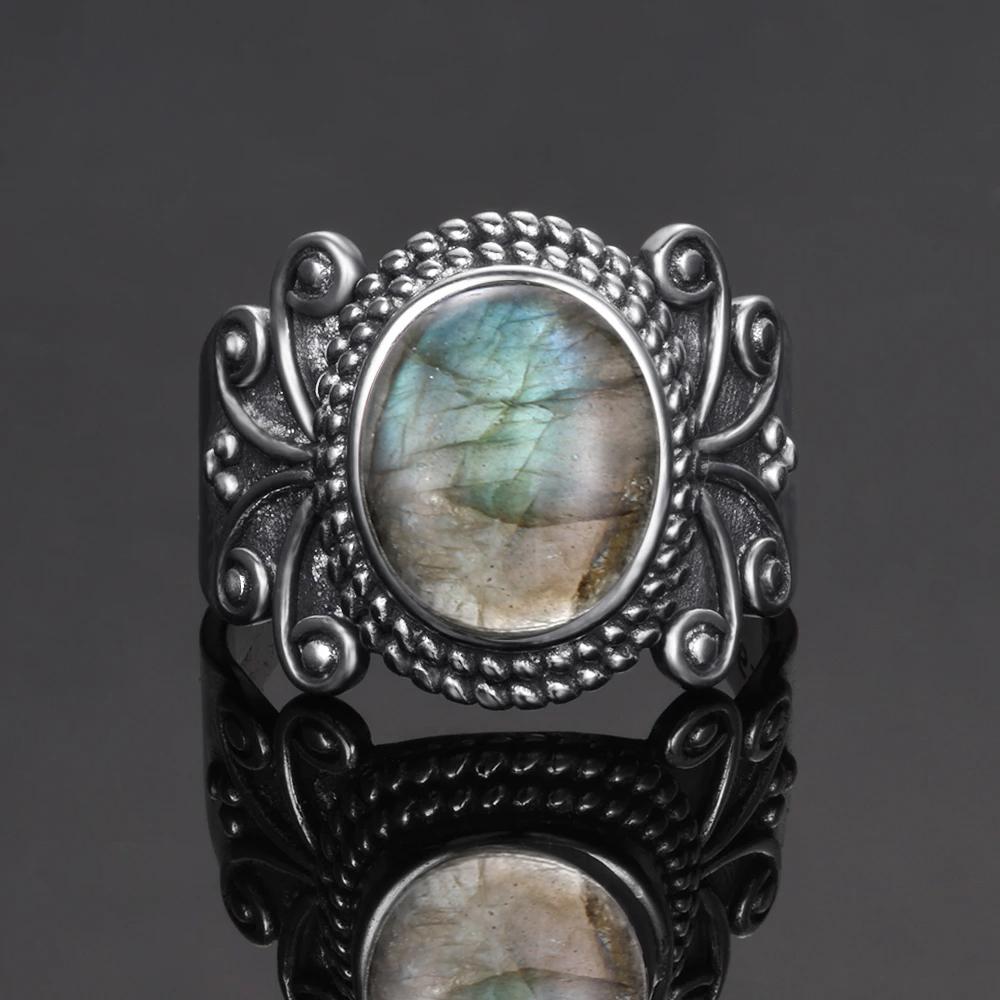 CopperRing for Women Oval Round Natural Labradorite Ring Gift Sun Shaped Retro Luxury Fine Jewelry