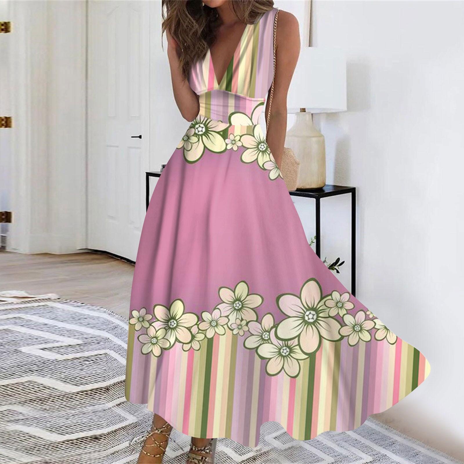 

Женское длинное платье Платье макси Повседневное платье Летнее повседневное платье без рукавов с v-образным вырезом в стиле бохо с талией в стиле ретро с принтом M розовый