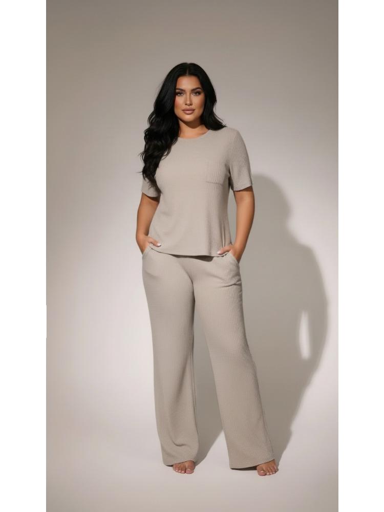 Women 2 Piece Casual Set Short Sleeve Long Pants Textured Waffle Set For Women