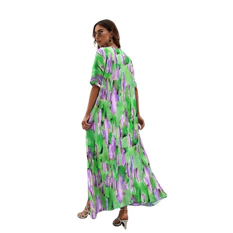 Summer new elegant long skirt V-neck print high waist loose large swing short sleeve dress for women