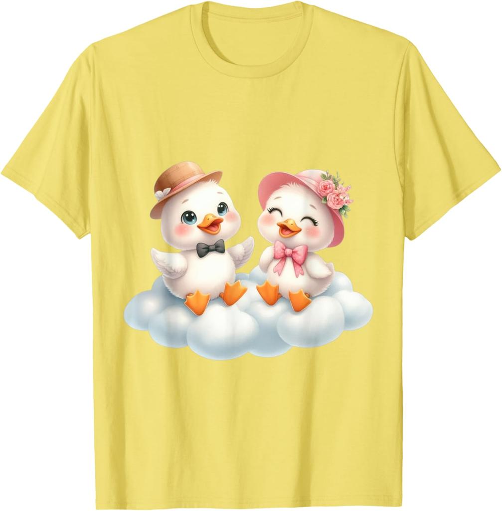 Cute Duck Couple Sitting on Cloud Graphic Print Cotton Casual Daily T-Shirt