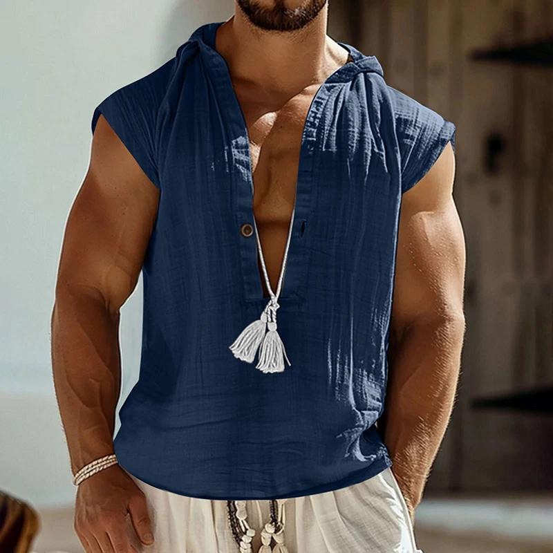 

Літній Повсякденний Чоловічий Вільний Жилет з Капюшоном Для Щоденного Відпочинку Дихаючий Лляний Майка Чоловіча Вінтажний Безрукавка Глибокий V-подібний Виріз Футболки XL темно-синього кольору