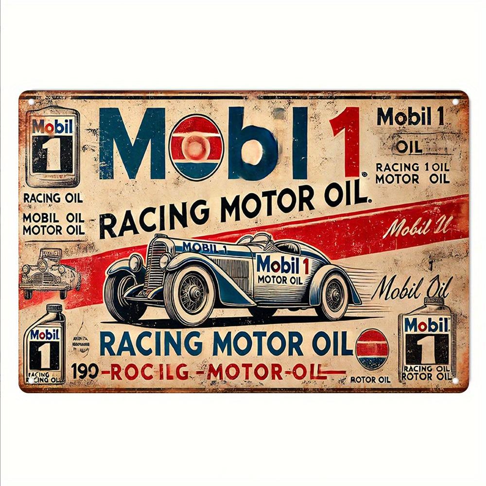 2D Flat, Vintage Mobil 1 Racing Motor Oil Metal Tin Sign - Rustic Iron Wall Art with Classic Car Design, Red & White Retro Decor