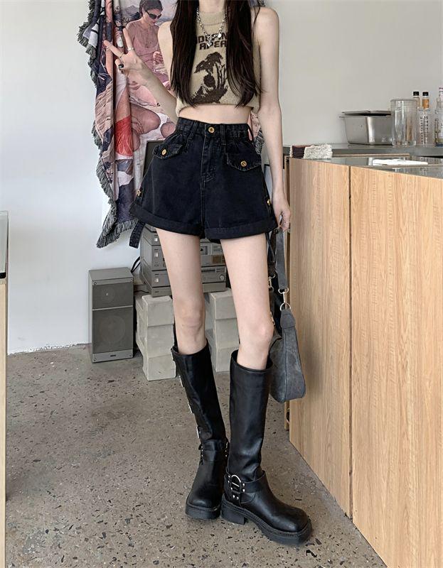 Women's High-Waisted Black Denim Shorts, Summer 2024, Loose A-Line Wide Leg Design, Small Size