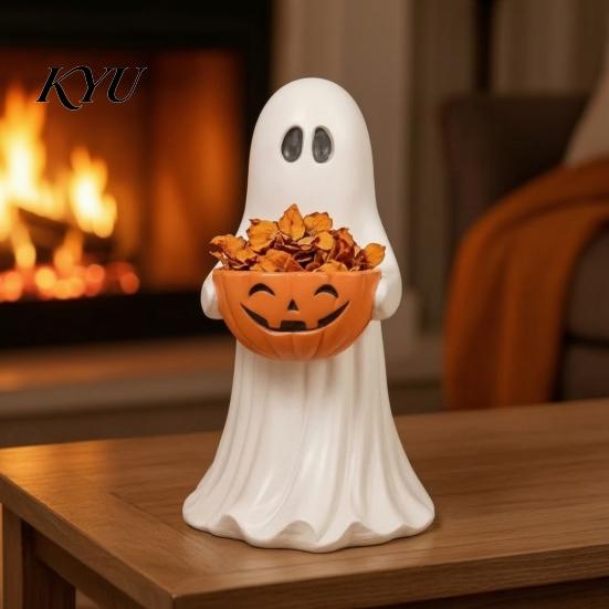 Festive Home Accents Halloween Ghost Figurine with Pumpkin Candy Bowl, Cute Resin Statue, Freestanding Vintage Style Ornament Trick or Treat