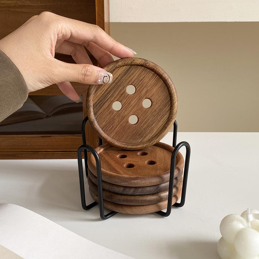 6-Piece Original Colorful Button Coaster Set with Cross-Shaped Iron Rack Coaster Holder Dopamine Round Wooden Coasters Exquisite Coffee Cup Holders