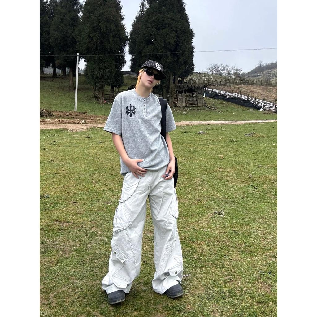 BeatStreet American Workwear Style Multi-Pocket Wide Leg Pants Loose Casual Deconstructed Design Men's Women's Trendy Trousers