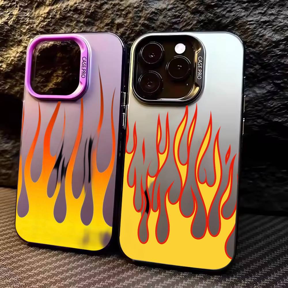 COOL Fashion Flames Phone Case For iPhone17,16,15,14,13,12,11 Plus,Pro Max Colored Silver Plated Inside Cover
