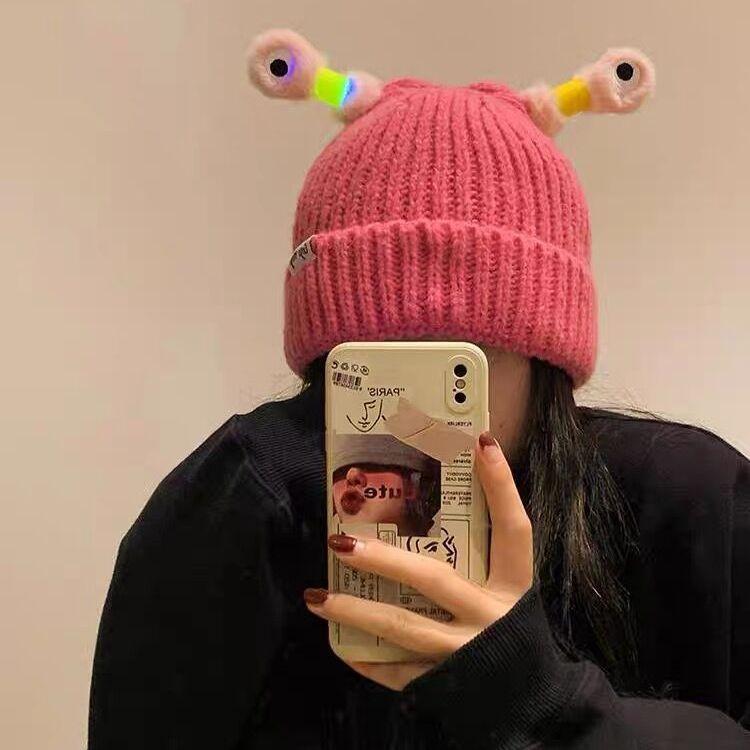 Cute Funny Frog Knitted Woolen Hat for Women In Autumn and Winter Big Head Circumference Warm Hat New Cold Hat for Students