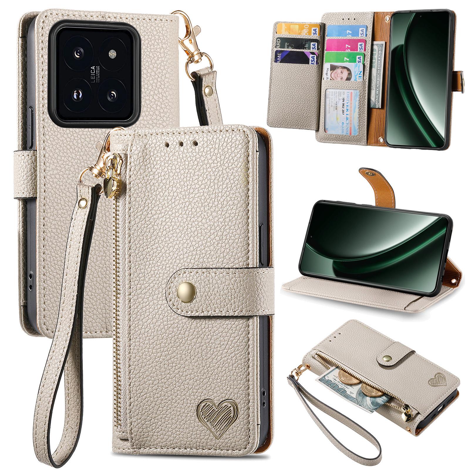 

Чехол для Xiaomi 14T Pro с RFID-блокировкой, карманом на молнии, кожаный кошелек, чехол для телефона с ремешком Grey