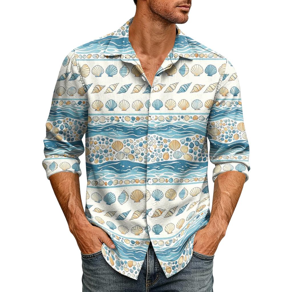 Men's Loose Fit Long Sleeve Shirt Hawaiian Style Button Down Collar Casual Vintage Shirt Suitable for Spring and Autumn Wear