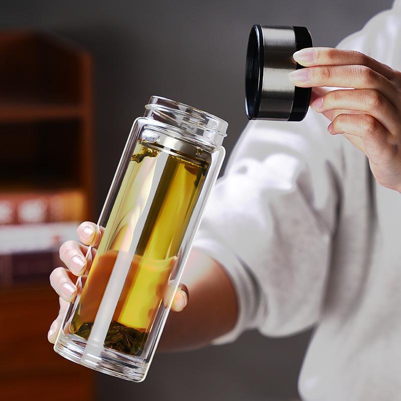 Threaded Double-Layer High Borosilicate Glass Tea Cup with Custom Logo and Screw Cap