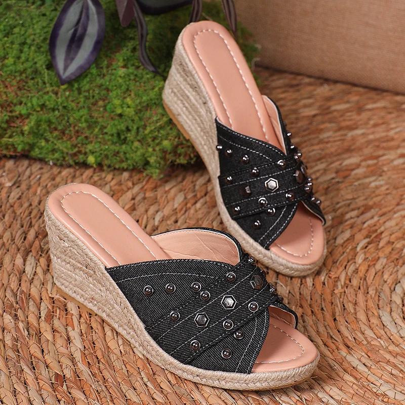 Fashion Fashion Rivet Decor Wedge Heel Sandals for Women Summer 2025 Blue Denim Espadrille Slippers Woman Peep Toe Roman Sandalias Mujer