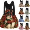Women's Casual V-Neck Long Sleeve Vintage Christmas Print Dress for Holiday Party