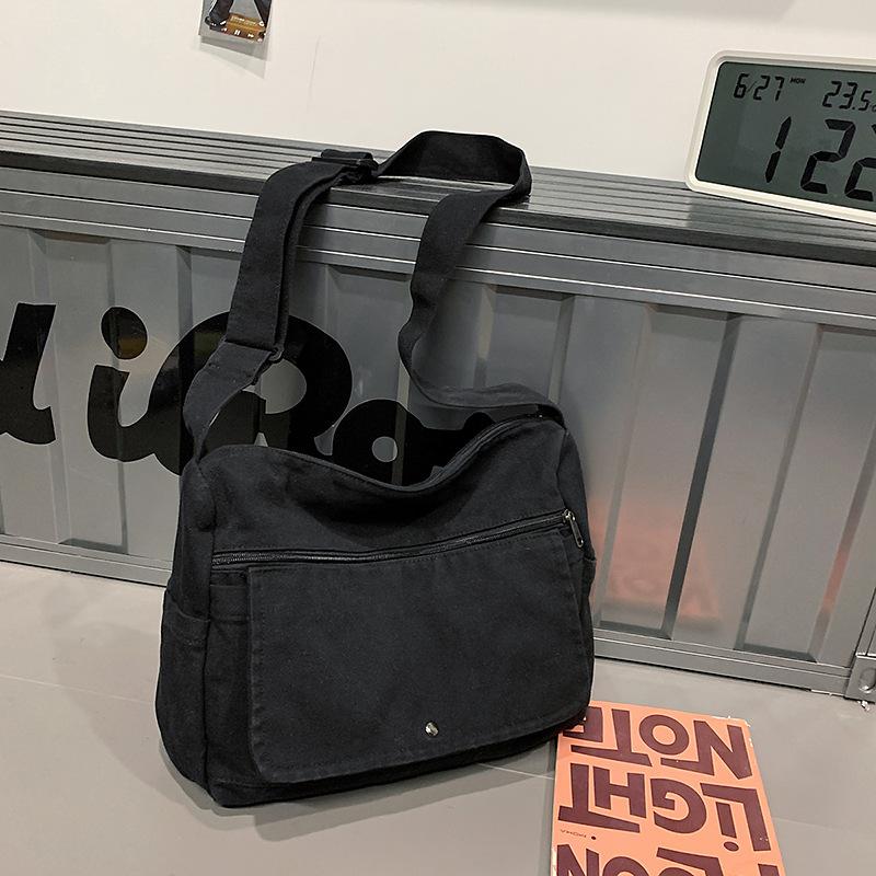 Crossbody Bag Canvas Bag Female College Student High School Student Simple Large Capacity Wind Solid Color Shoulder Bag Trendy Man