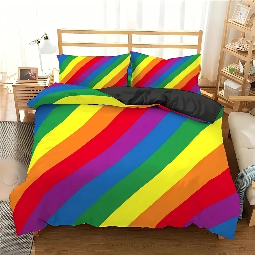 Dopamine Rainbow Stripe 3D Printed Duvet Cover Colorful Printed Bedding Light Luxury 3 Piece Set With 2 Pillowcases No Quilt