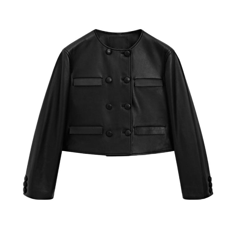 Anti-Leather Mini A- line Skirt 5304800 round Neck Long Sleeves Double Breasted Short Outwear 4701800