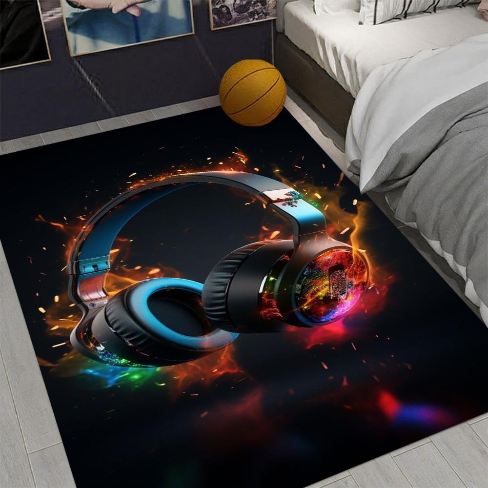 Colorful Sound Waves Wandering Headphones Printed Carpet Art Graffiti Rug Game Room Carpet Suitable for E-sports Enthusiasts