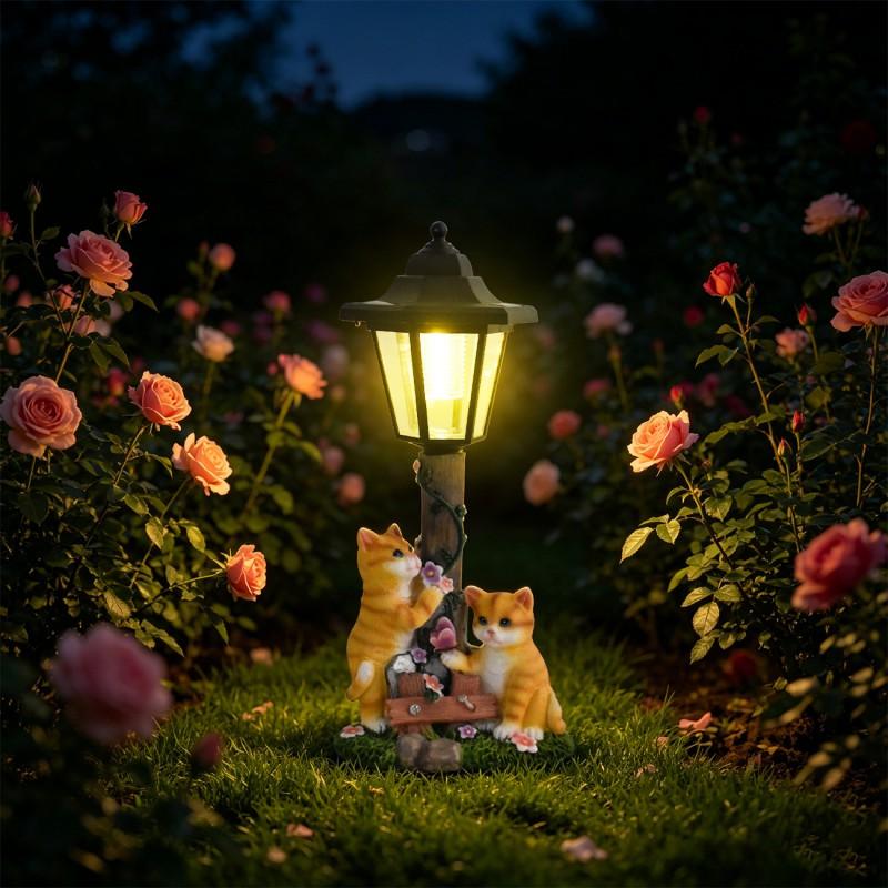 Resin Cat Garden Decor With Solar Lamp Planter Outdoor Yard Ornament