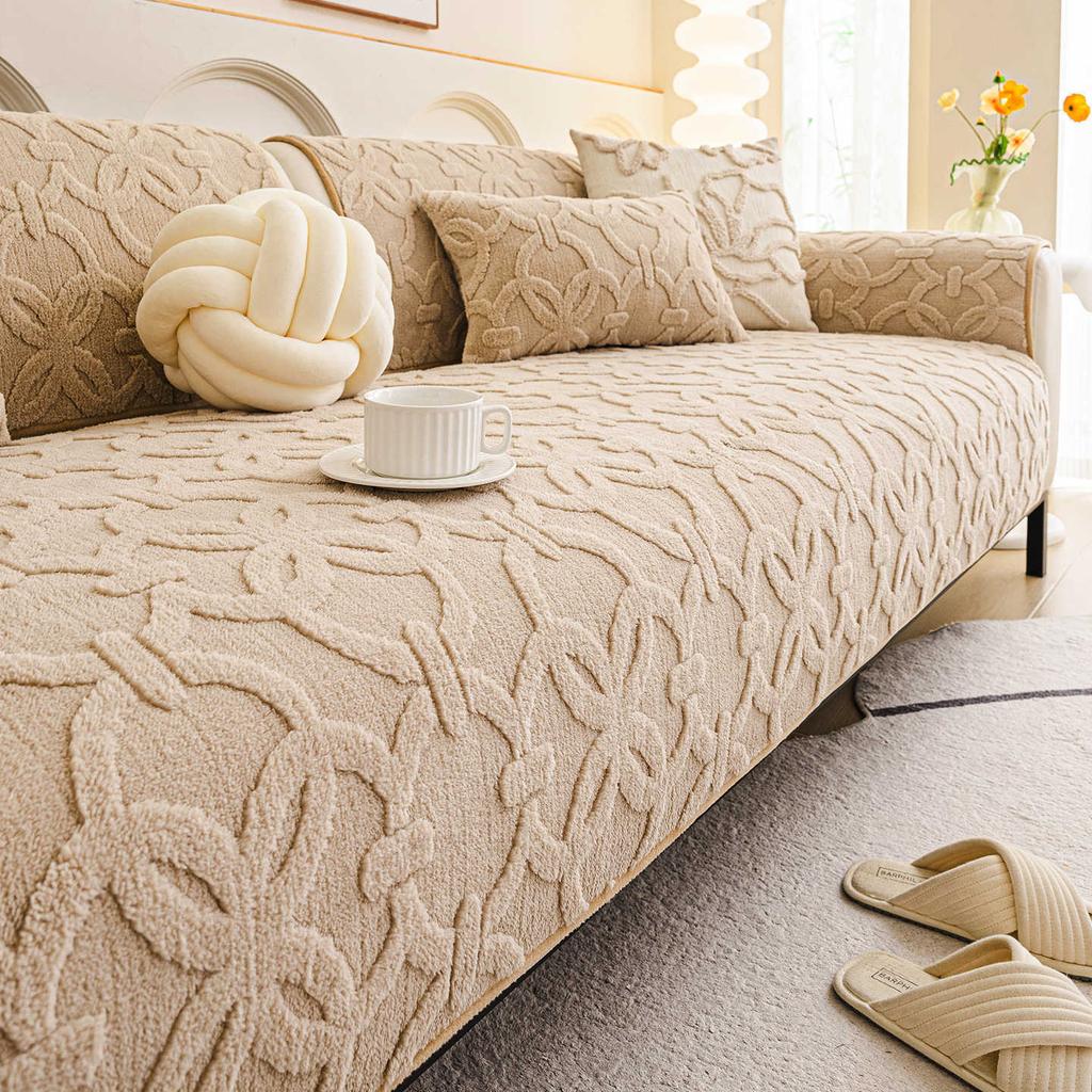New Fixed Anti Slip Sofa Cover Fabric One-Piece Straight Row Seat Cushion Cream Wind Thickened Autumn And Winter Version