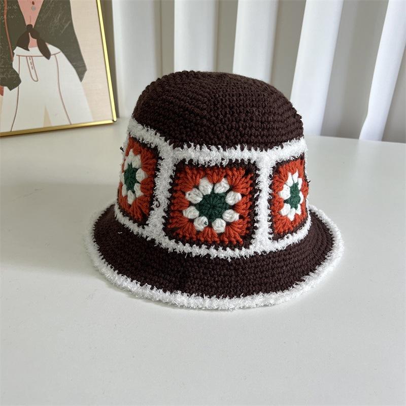 Summer new knitted flower pattern bucket hat sun hat outdoor cover full face fashion versatile sun hat