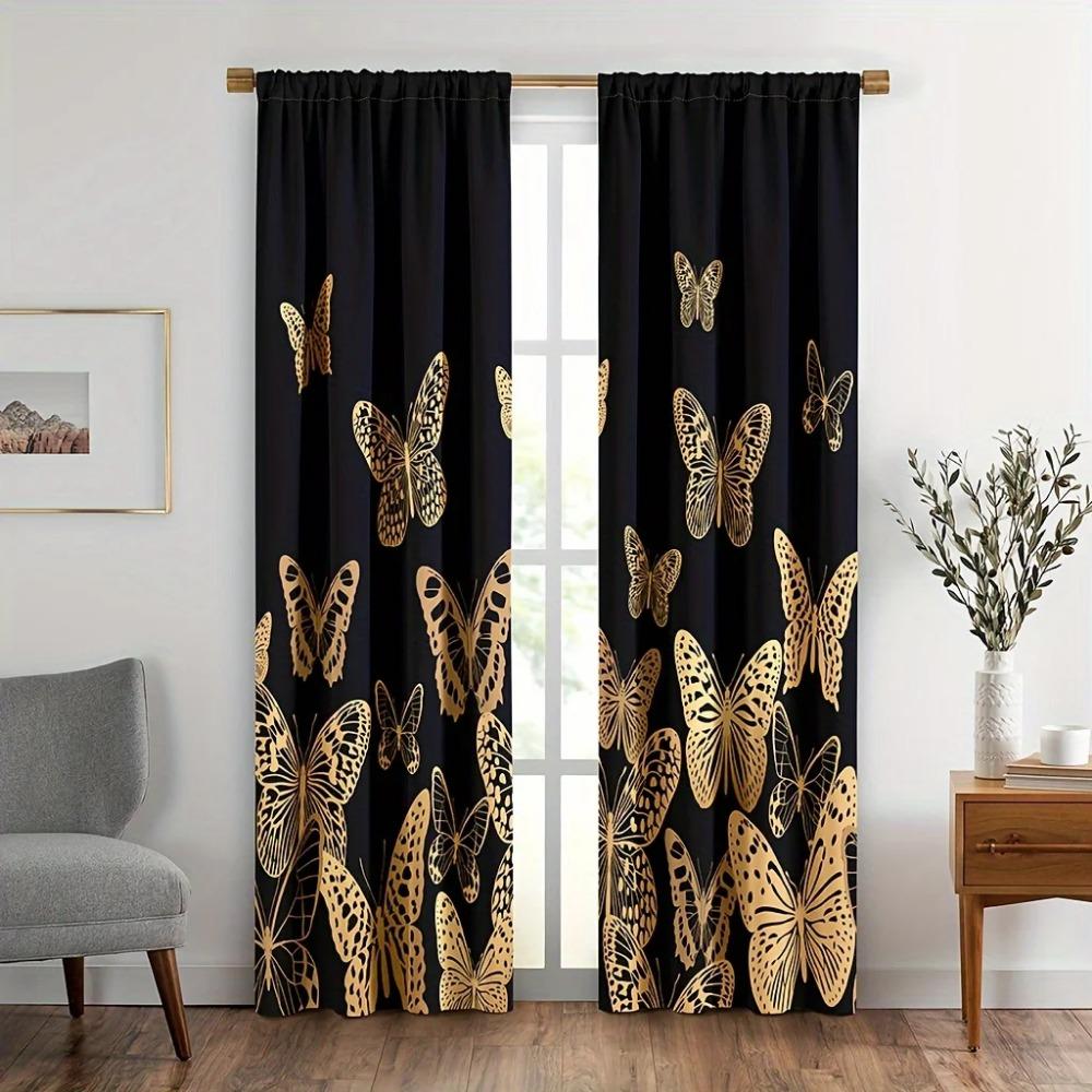 2pcs Black Golden Butterfly Printed Curtains, Modern Art Vintage Fluttering Butterflies Shading Curtains For Bedroom Living Room