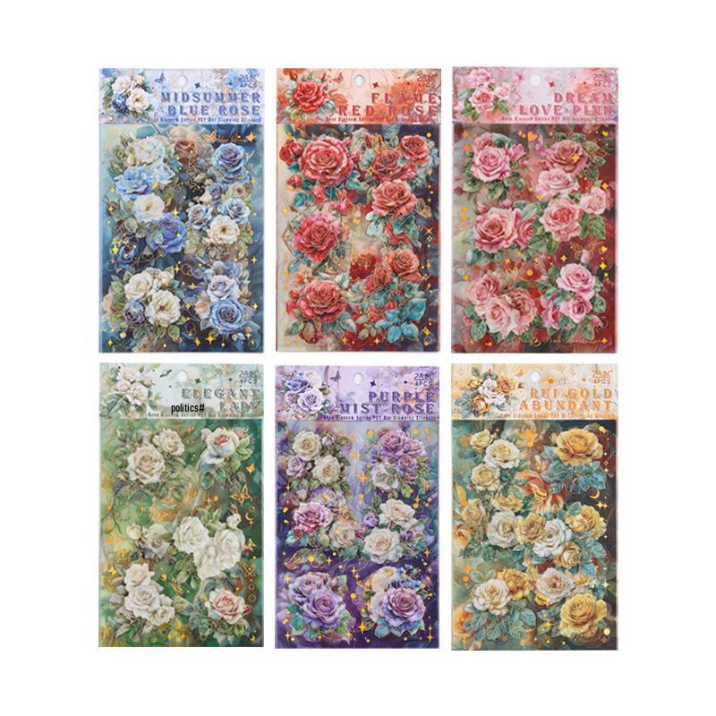 Yuezhen Rose Die-Cut Waterproof PET Journal Stickers - Creative Floral Designs