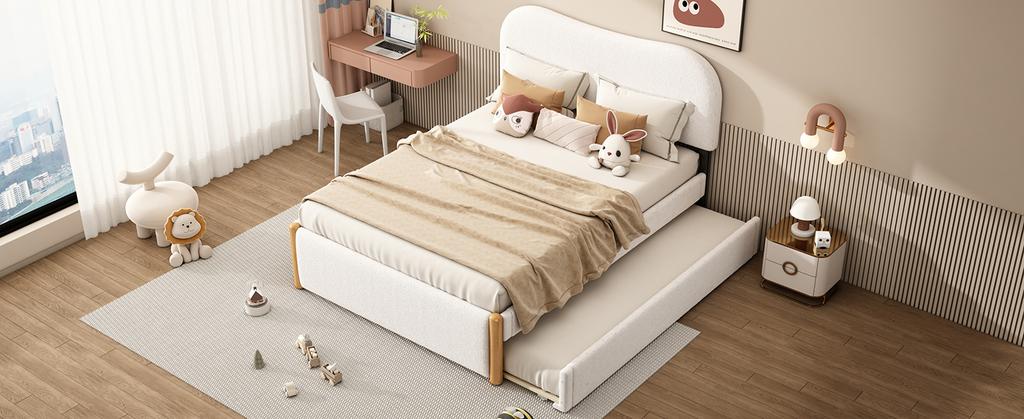 140*200Cm flat bed, upholstered, with practical pull-out rolling bed, minimalist design, white