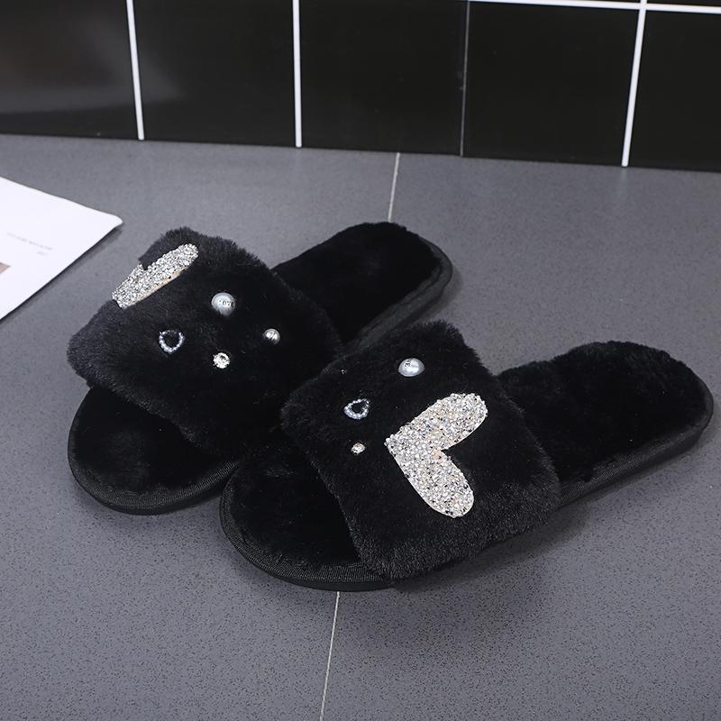 Fashion Light Open Toe Cotton Slippers for Women Elegant Pearls Detor Indoor Cotton Slippers Woman Soft Faux Fur Flats Plush Slides Lady