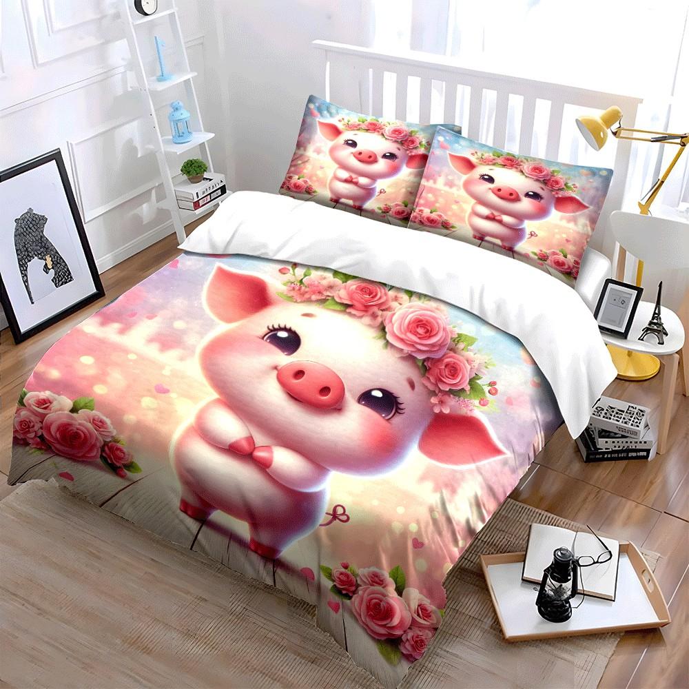 Romantic Floral Pig Themed Set Exquisite Three-Piece Bedding Set Gift For Kids And Adults