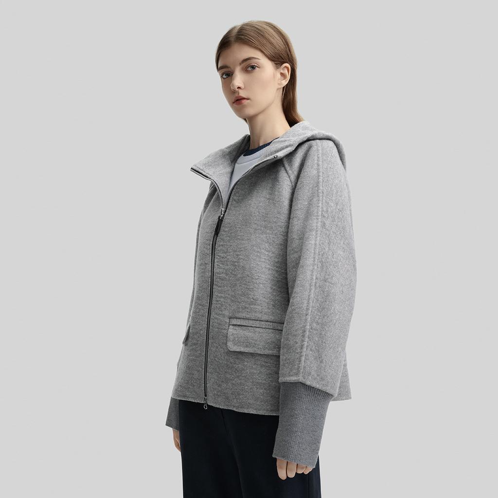 FILA Solid Color Wool Blend Hooded Fleece Jacket Women outerwear Cloud-Pattern-Gray F11W444704FMG