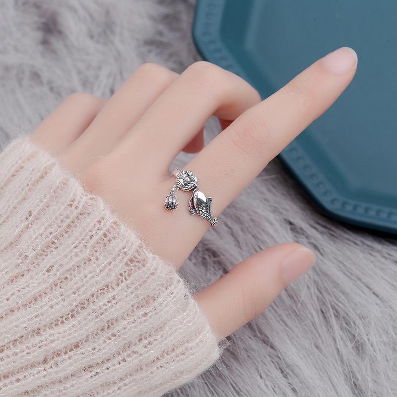 Lucky Koi Silver Adjustable Ring - Women's 925 Sterling Retro Ethnic Style with Lotus Pod and Fish Design for Abundance