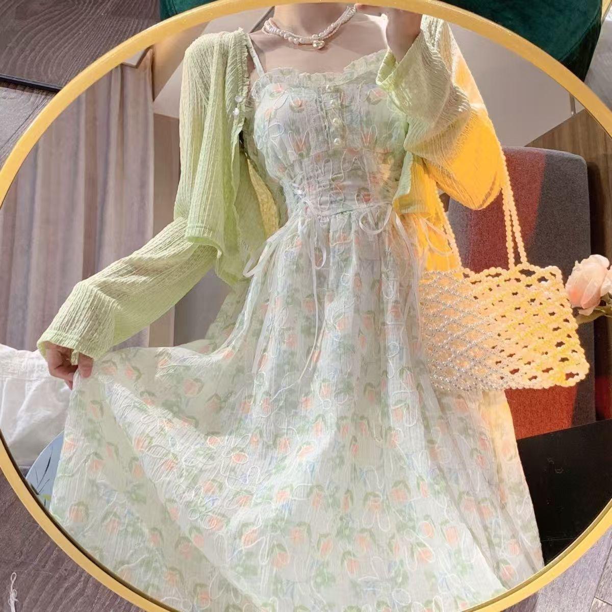 

Mori Kei First Love Plus Size Women s Two-Piece Dress Set: Camisole & Slimming Cardigan with Sun Protection Small