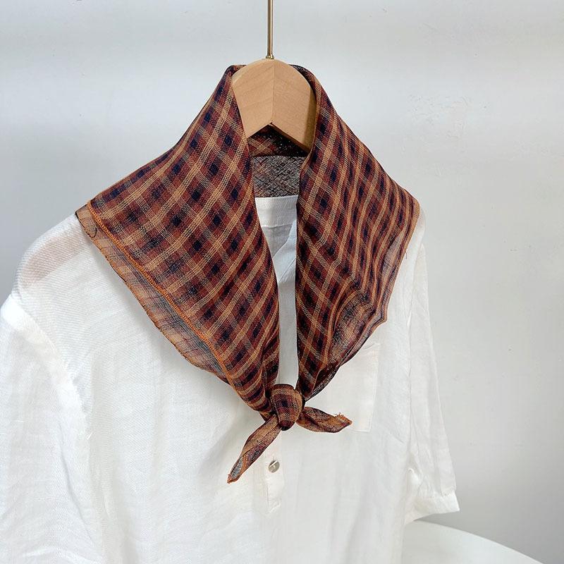 Retro Small Plaid Linen Square Scarf Literary And Versatile Women'S Summer Neck Protection Small Silk Scarf Scarf Accessories